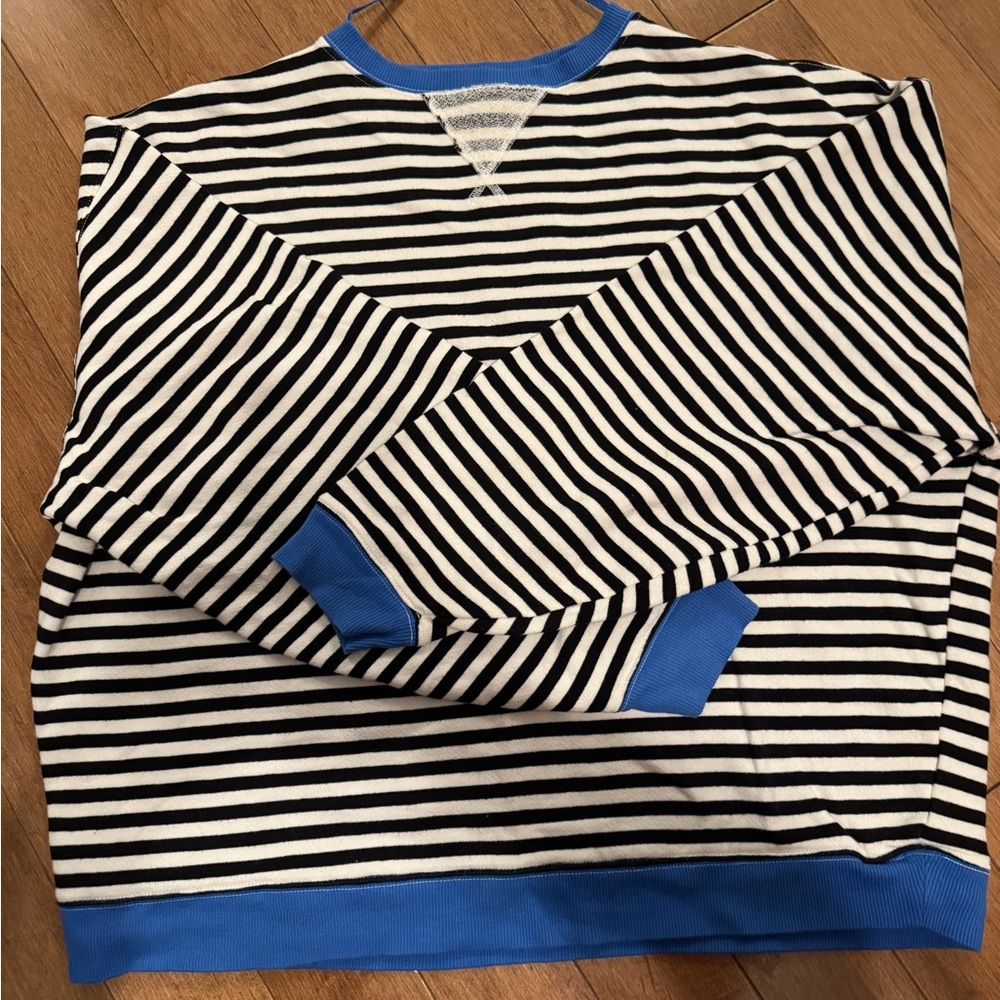 Free People Striped Black & White Crewneck Sweater with Blue Trim
